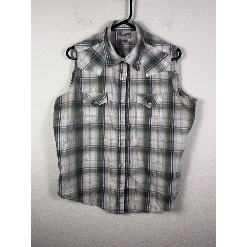 Wrangler Wrancher Sleeveless Western Shirt Womens XL Plaid Pearl Snap Green Pink